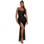 Black Straps Women Low-Cut V-Neck Sexy Pleated Party Prom Bandage Long Dress