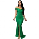 Green Women's Off-Shoulder Low-Cut Pleated Evening Prom Osscaion Party Long Dress