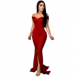 WineRed Women's Off-Shoulder Low-Cut Pleated Evening Prom Osscaion Party Long Dress