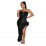 Black Off-Shoulder Women's Mesh V-Neck Sequins Split Feather Formal Long Dress