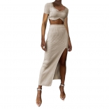 Khaki Short Sleeve Low-Cut Striped Crop Tops Slim Fit Split Midi Dress
