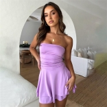Purple Sexy Spicy Girl Solid One Line Neck Slim Fit Backless Pleated High Waist Short Skirt