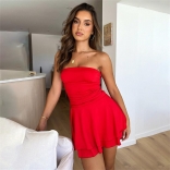 Red Sexy Spicy Girl Solid One Line Neck Slim Fit Backless Pleated High Waist Short Skirt