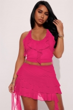 RoseRed Women's Straps Mesh Ruffle Crop Tops Two-Pieces Party Dance Dress Sets