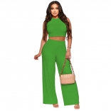 Green Women O-Neck Stretch Fabric Sleeveless Crop Tops Fashion Casual Pants Jumpsuit Dress Sets