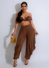 Coffee Off-Shoulder V-Neck Crop Tops Pleated Party Evening Jumpsuit Dress