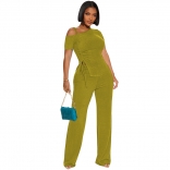 Green Off-Shoulder Halter Pleated Sexy Tops Casual Women Pant Jumpsuit Dress Sets