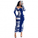 Blue Women Long Sleeve Printed Elastic Striped Bodycons Party Midi Dress