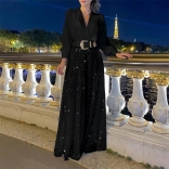Black Long Sleeve Women's Mesh Sequins Casual Wide Legs Long Jumpsuit Dress