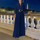 RoyalBlue Long Sleeve Women's Mesh Sequins Casual Wide Legs Long Jumpsuit Dress