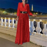Red Long Sleeve Women's Mesh Sequins Casual Wide Legs Long Jumpsuit Dress