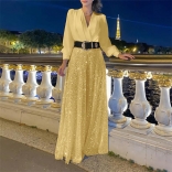 Yellow Long Sleeve Women's Mesh Sequins Casual Wide Legs Long Jumpsuit Dress