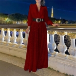 WineRed Long Sleeve Women's Mesh Sequins Casual Wide Legs Long Jumpsuit Dress