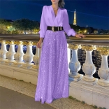 Purple Long Sleeve Women's Mesh Sequins Casual Wide Legs Long Jumpsuit Dress