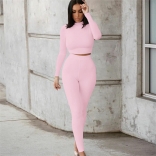 Pink Women's Long Sleeve O-Neck Crop Top Bodycon Sexy Slim Fit Pant Set Jumpsuit Dress
