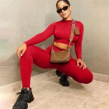 Red Women's Long Sleeve O-Neck Crop Top Bodycon Sexy Slim Fit Pant Set Jumpsuit Dress