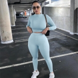 SkyBlue Women's Long Sleeve O-Neck Crop Top Bodycon Sexy Slim Fit Pant Set Jumpsuit Dress