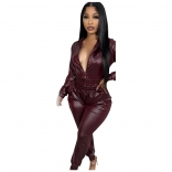 WineRed Women's Faux PU Leather Zipper Top Casual Sports Jumpsuit Sets Dress