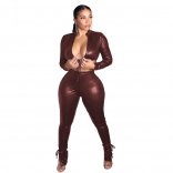 WineRed Women's Low-Cut Turndown Neck Lace-up Top Leather Bodycons Twinsets Party Club Jumpsuit Dresses
