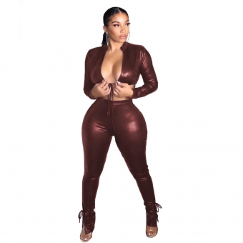 WineRed Women's Low-Cut Turndown Neck Lace-up Top Leather Bodycons Twinsets Party Club Jumpsuit Dresses
