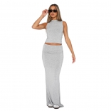 LightGray Short Sleeve Women Solid Crop Top Bodycon Casual Fashion Long Dresses Set