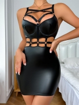Black Halter Hollow-out Bandage PU Leather Party Clubwear Dress