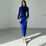 Blue Women Velvet Long Sleeve Elegant Evening Pleated Fashion Long Dress