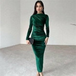 Green Women Velvet Long Sleeve Elegant Evening Pleated Fashion Long Dress