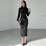 Black Women Velvet Long Sleeve Elegant Evening Pleated Fashion Long Dress