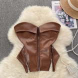 Coffee Women's Off-Shoulder Zipper PU Leather Corsets Sexy Crop Tops