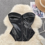 Black Women's Off-Shoulder Zipper PU Leather Corsets Sexy Crop Tops