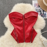 Red Women's Off-Shoulder Zipper PU Leather Corsets Sexy Crop Tops