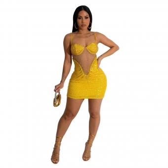 Yellow Women Halter Mesh See-through Rhinestones Bodycon Evening Party Mini Dress