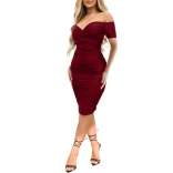 WineRed Women's Short Sleeve Low-Cut Pleated Sexy Pleated Bodycon Midi Dress