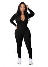 Black Women Long Sleeve Zipper Casual Striped Bodycon Sexy Sports Jumpsuit