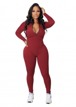 Red Women Long Sleeve Zipper Casual Striped Bodycon Sexy Sports Jumpsuit