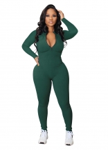 Green Women Long Sleeve Zipper Casual Striped Bodycon Sexy Sports Jumpsuit