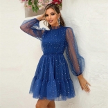 Blue Women Mesh Long Sleeve Shiny Casual Cute Girls Skirt Dress