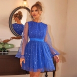 Blue Mesh Long Sleeve Shiny Fashion Women Cute Girl Skirt Dress