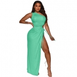 Green Women One Shoulder Straps Shirring Hollow-out Sexy Bodycon Prom Long Dress