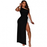Black Women One Shoulder Straps Shirring Hollow-out Sexy Bodycon Prom Long Dress