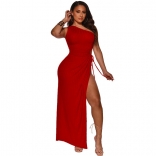 Red Women One Shoulder Straps Shirring Hollow-out Sexy Bodycon Prom Long Dress