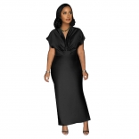 Black Women's Deep V-Neck Pleated Bodycons Split Office Midi Dress