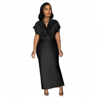 Black Women's Deep V-Neck Pleated Bodycons Split Office Midi Dress