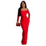 Red Women's Lace Hollow-out Long Sleeve Bodycons See Through Party Formal Long Dress