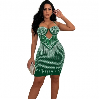 Green Women Sexy Low Cut Diamonds Pearls Bra Mesh Bodycon Party Mini Dress