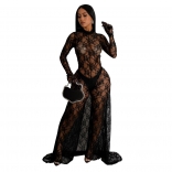 Black Women Lace Long Sleeve Hollow Out See Through Dancing Sexy Jumpsuit Dress