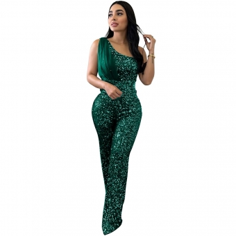 Green Mesh One-Shoulder Sleeveless Sequins Bodycon Office Lady Fashion Jumpsuit Dress