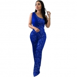 Blue Mesh One-Shoulder Sleeveless Sequins Bodycon Office Lady Fashion Jumpsuit Dress