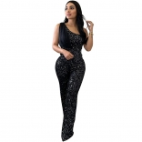 Black Mesh One-Shoulder Sleeveless Sequins Bodycon Office Lady Fashion Jumpsuit Dress